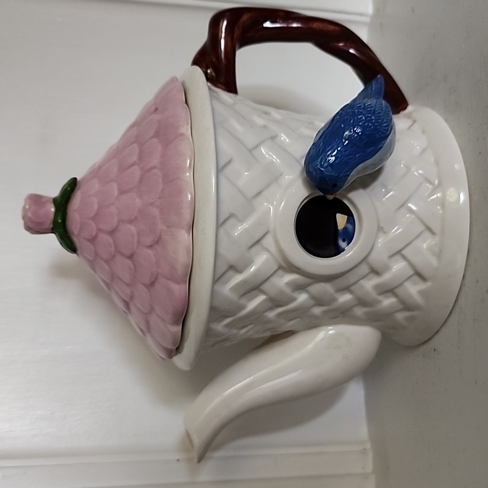 Teleflora Birdhouse Teapot Blue Bird Pink Lid & Flower Collectible Teapot